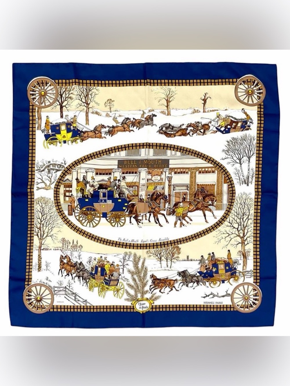Hermès L’Hiver en Poste Winter Silk Scarf Carre 90 in Navy, Cream & Gold